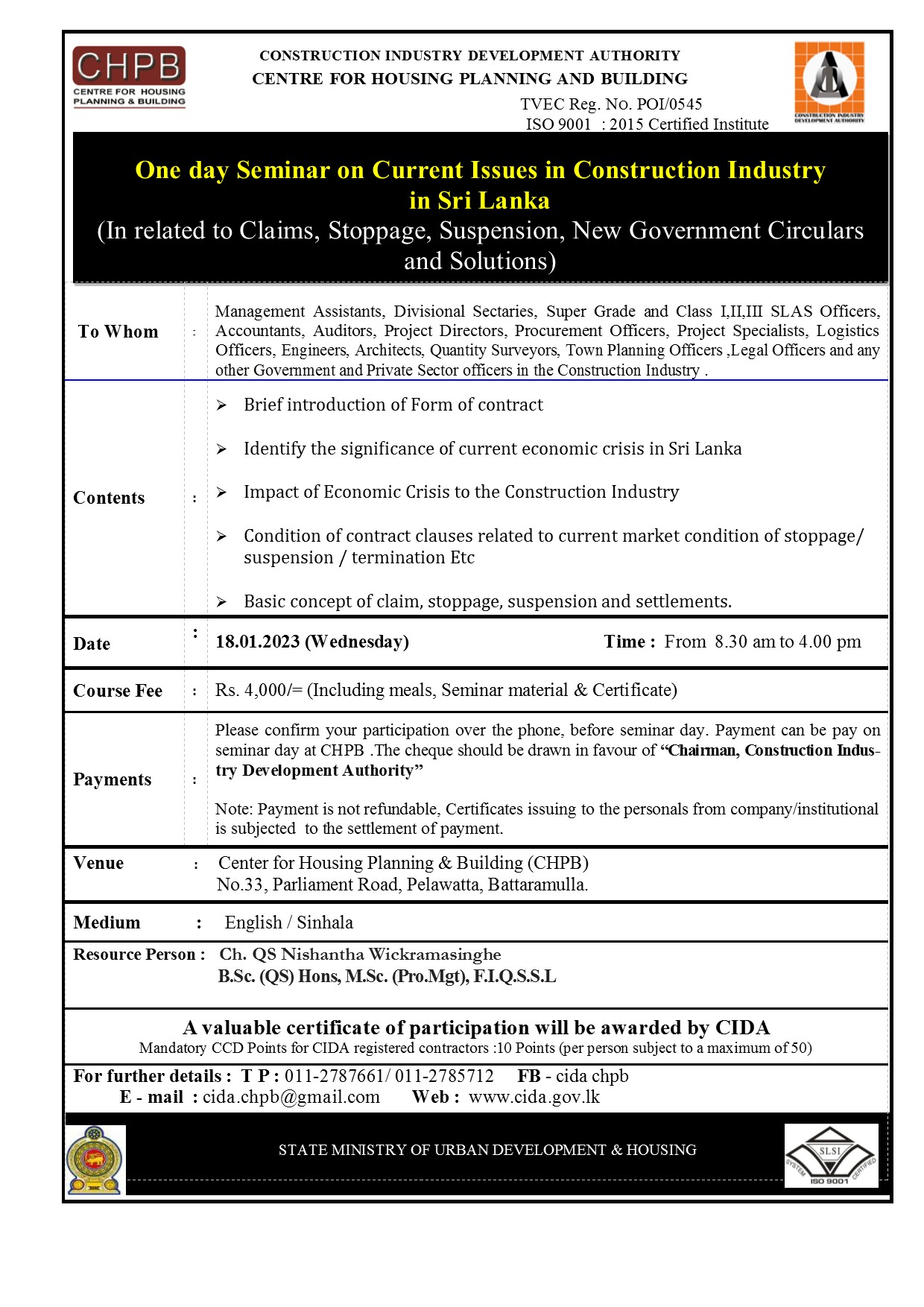 CCD Program Construction Industry Development Authority